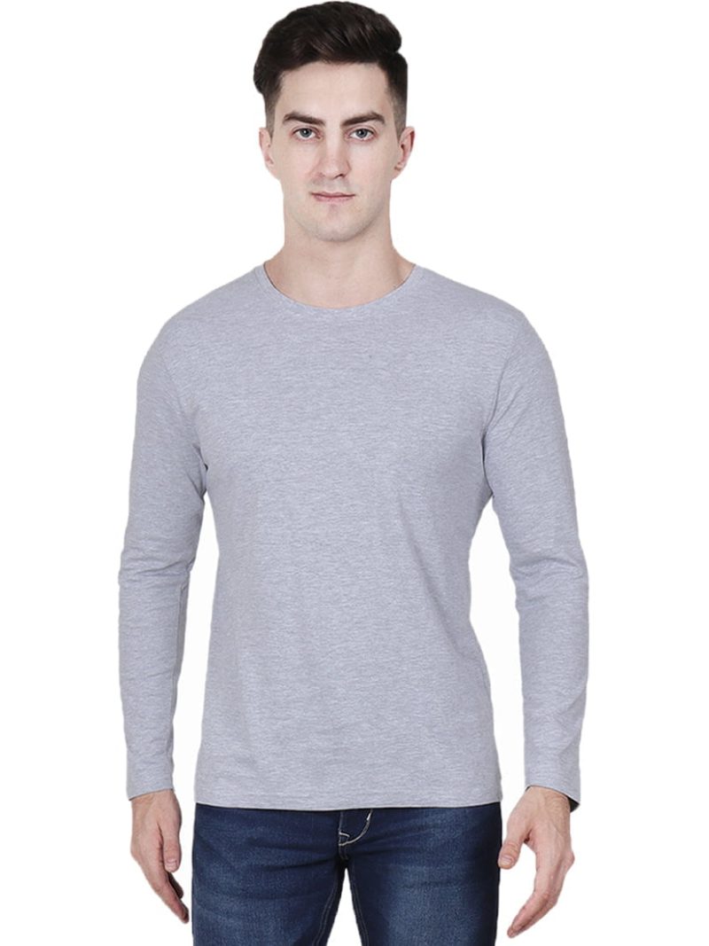 Men's Grey Melange Full Sleeve Round Neck Plain T-Shirt