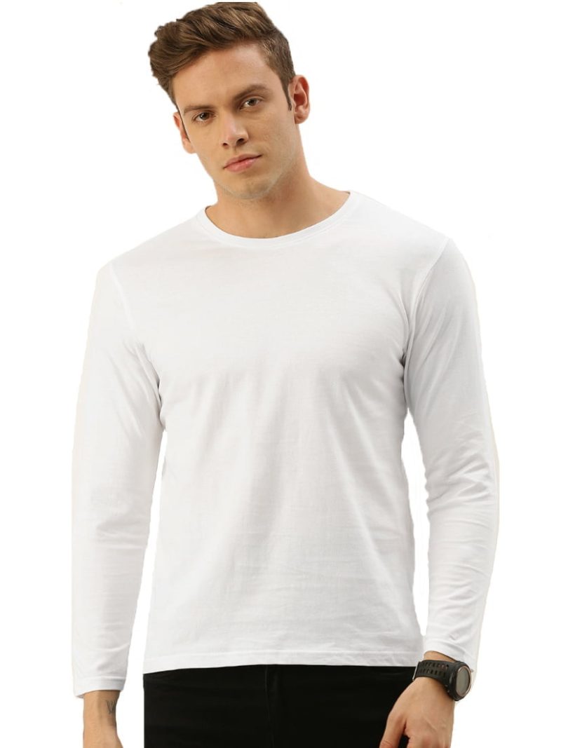 Men's White Full Sleeve Round Neck Plain T-Shirt